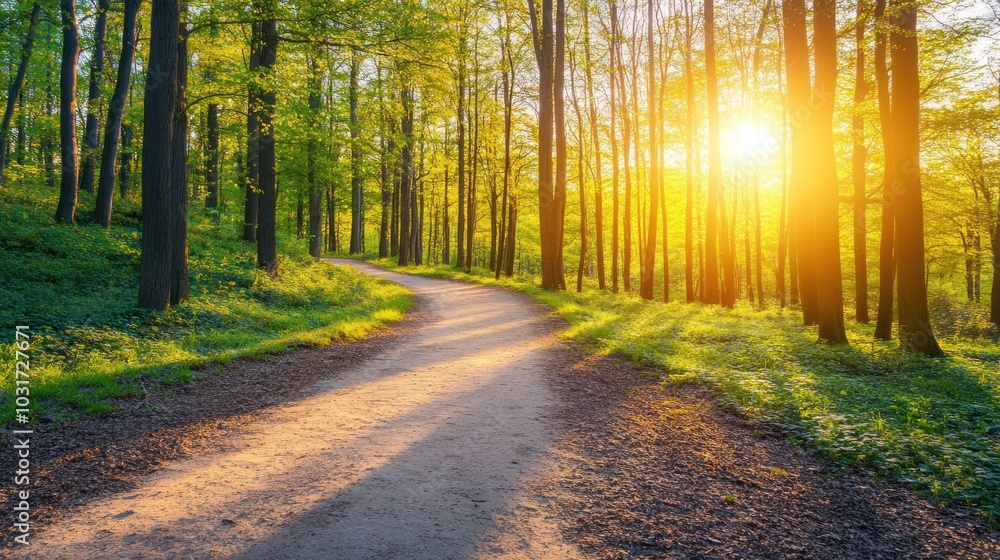 Obraz premium A serene forest path illuminated by sunlight, inviting exploration and tranquility.