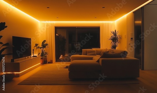 Wallpaper Mural Modern living room with couch, tv, and plants. Torontodigital.ca