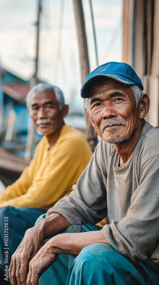 Two Elderly Men Sitting Together, One Wearing a Blue Cap Two Elderly Men Sitting Together, One Wearing a Blue Cap