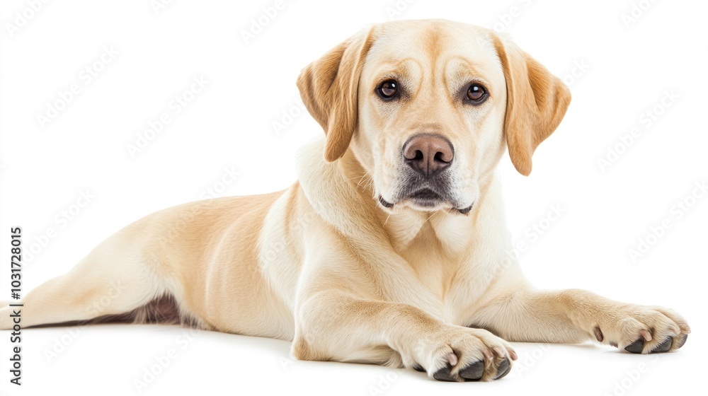 A relaxed yellow Labrador retriever lying down, showcasing its friendly demeanor. A relaxed yellow Labrador retriever lying down, showcasing its friendly demeanor.