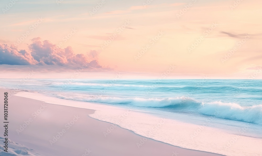 A pastel beach with gentle waves crashing on shore. A pastel beach with gentle waves crashing on shore.