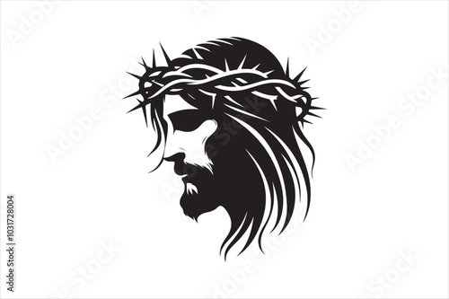 Minimalist Black Silhouette of Jesus Christ with Crown of Thorns  Clean Line Art 89.eps
