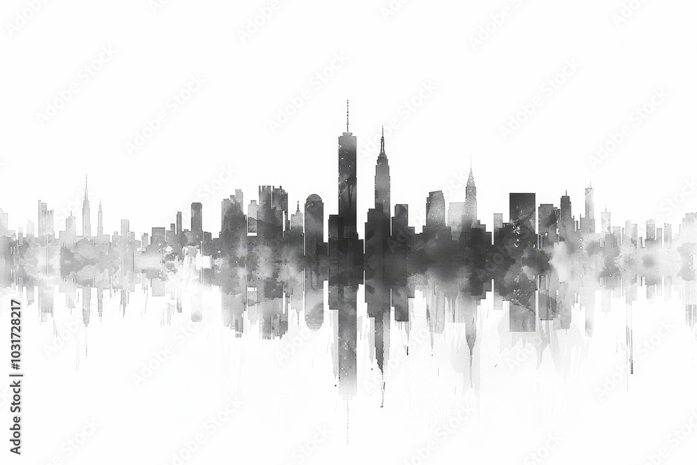 Fototapeta premium A monochromatic skyline view of New York City reflecting on a tranquil surface during twilight hours creates a serene atmosphere