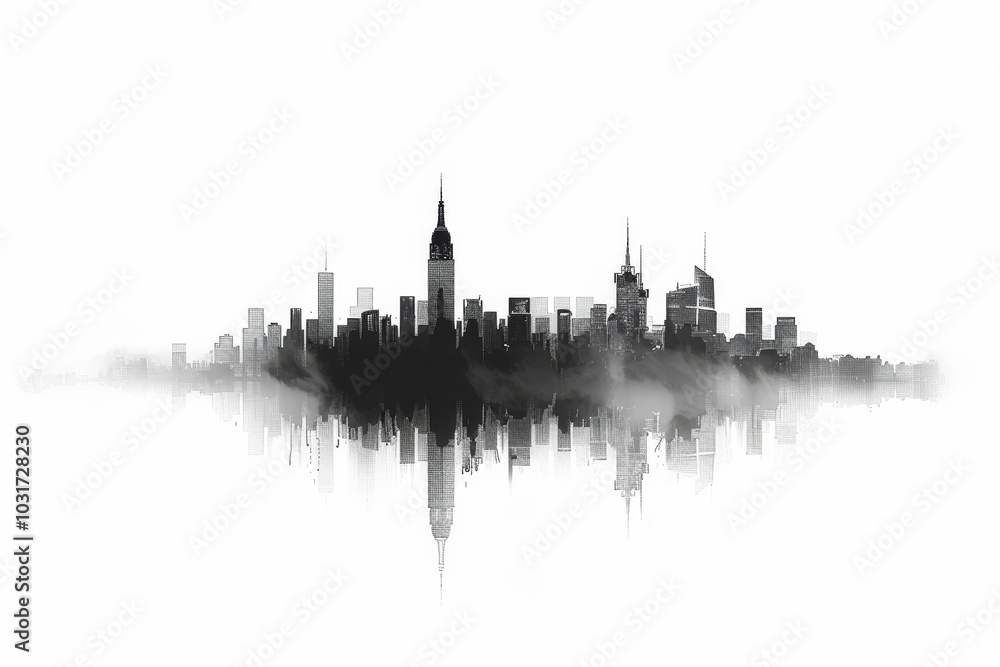 A stunning black and white silhouette of the New York City skyline reflecting on water during twilight A stunning black and white silhouette of the New York City skyline reflecting on water during twilight