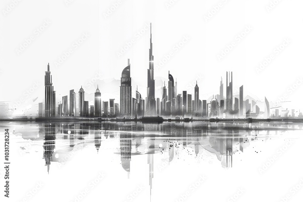 Fototapeta premium A striking black and white skyline of Dubai showcasing iconic skyscrapers and a peaceful water reflection in the early morning light