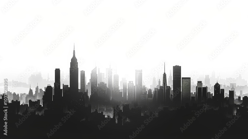 Obraz premium Silhouette of a city skyline at dusk with tall buildings and an iconic tower against a glowing background