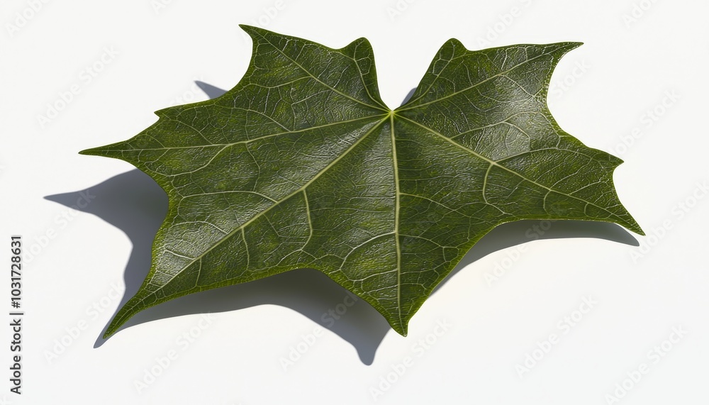 Fototapeta premium A realistic green ivy leaf with detailed texture and veins, casting a subtle shadow on a white background