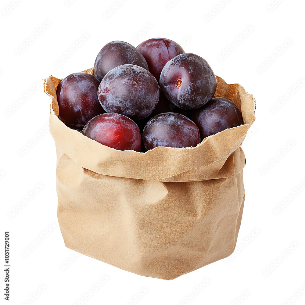Obraz premium Plums in paper bag, white isolate background