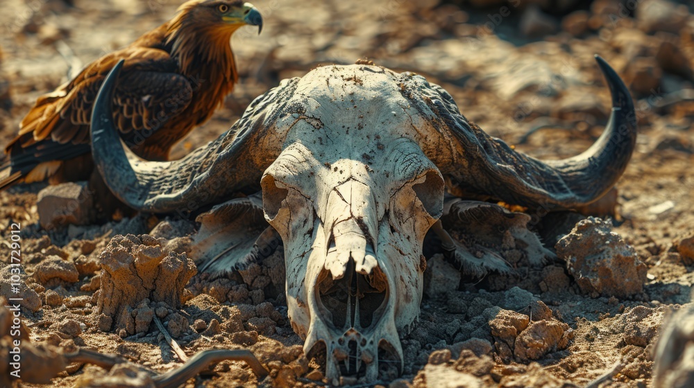A golden eagle perches beside a weathered buffalo skull resting in cracked earth. The scene captures the starkness of a drought-affected environment under a warm afternoon glow A golden eagle perches beside a weathered buffalo skull resting in cracked earth. The scene captures the starkness of a drought-affected environment under a warm afternoon glow
