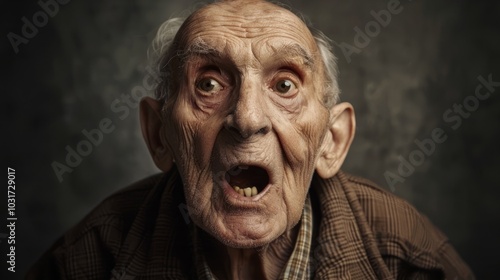 An older gentleman with a shocked expression showcases crinkled skin and wide eyes, capturing a spontaneous moment of surprise in subdued lighting