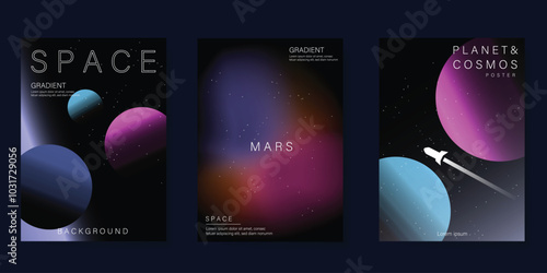 Planet and galaxy Space card vector set. Solar system with galaxy planets, asteroids, jupiter, saturn, mars, moon, ring line solar. Cosmic design for flyer, brochure, background, poster, cover.