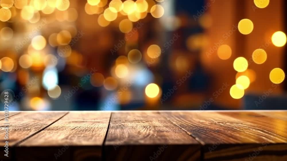 Christmas background. Empty wooden table on the background of the New Year's golden bokeh. Ready for product montage Christmas background. Empty wooden table on the background of the New Year's golden bokeh. Ready for product montage