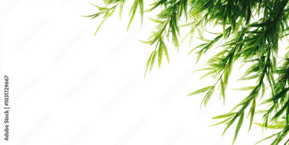 Fototapeta premium Lush green leaves against a white background, creating a fresh and natural aesthetic.