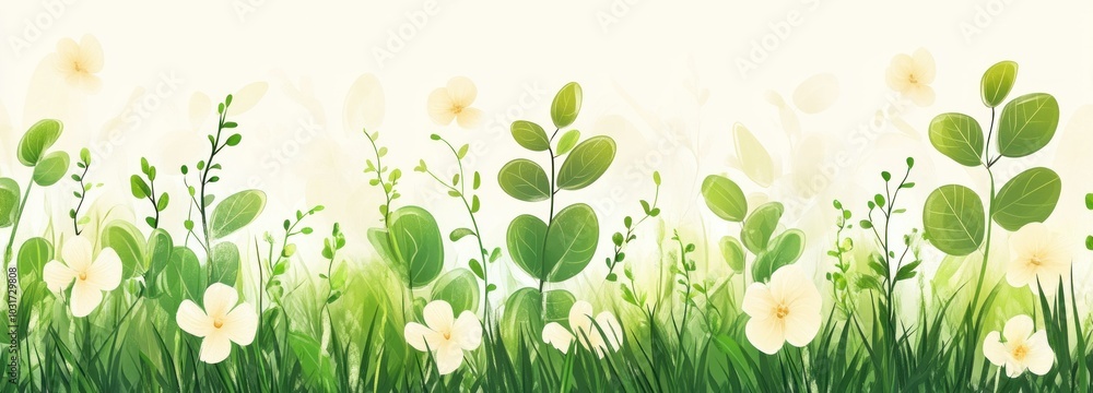 Lush Green Grass with White Flowers and Leaves Lush Green Grass with White Flowers and Leaves