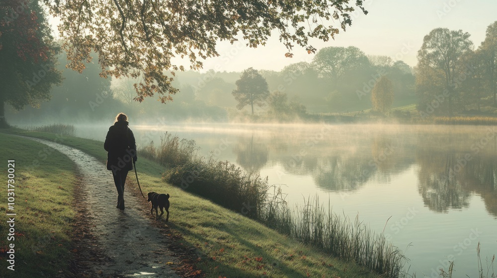 A serene morning walk by a misty lake with a person and their dog. A serene morning walk by a misty lake with a person and their dog.