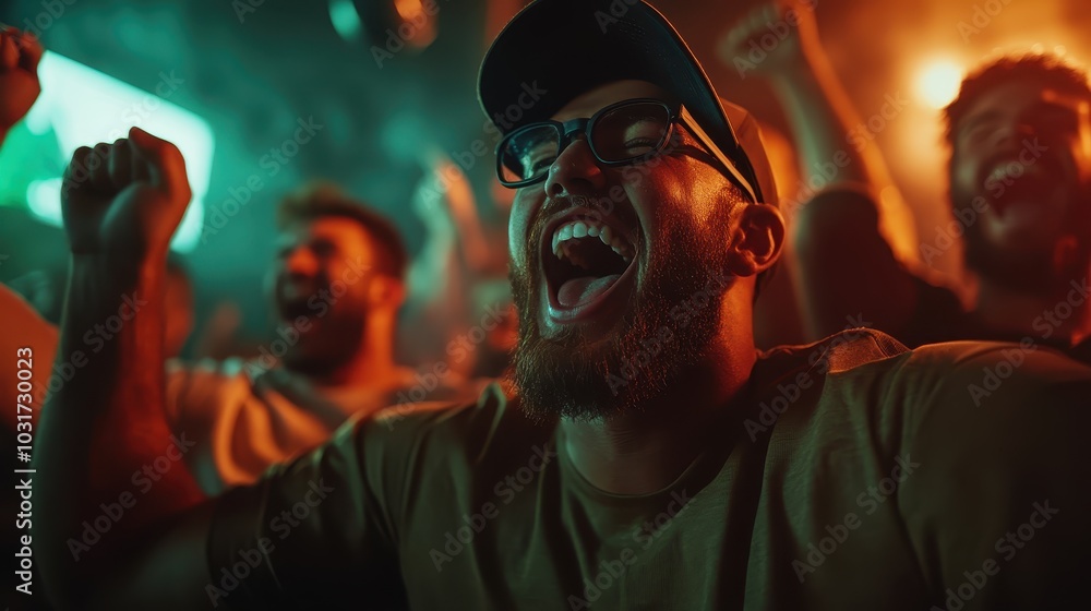 A man with glasses exclaims in excitement within a vibrant crowd at a lively urban night scene. The image conveys enthusiasm and vibrant social energy under neon lighting. A man with glasses exclaims in excitement within a vibrant crowd at a lively urban night scene. The image conveys enthusiasm and vibrant social energy under neon lighting.
