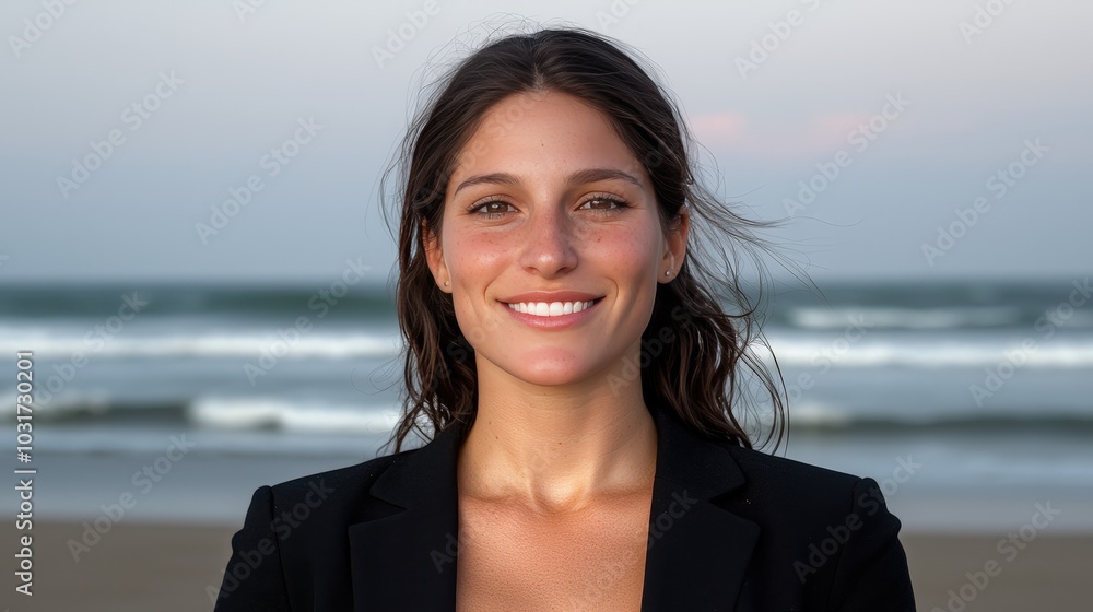 Beautiful Brunette Woman Smiling at Sunset Beach Portrait Beautiful Brunette Woman Smiling at Sunset Beach Portrait