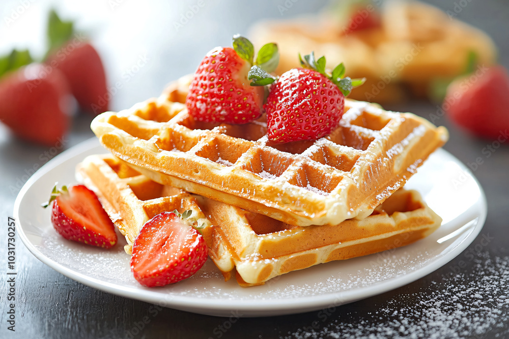 Delicious golden Viennese or Belgian waffles topped with fresh berries and strawberries on plate. Cozy lazy morning homemade recipe baking breakfast. Sweet dessert Delicious golden Viennese or Belgian waffles topped with fresh berries and strawberries on plate. Cozy lazy morning homemade recipe baking breakfast. Sweet dessert