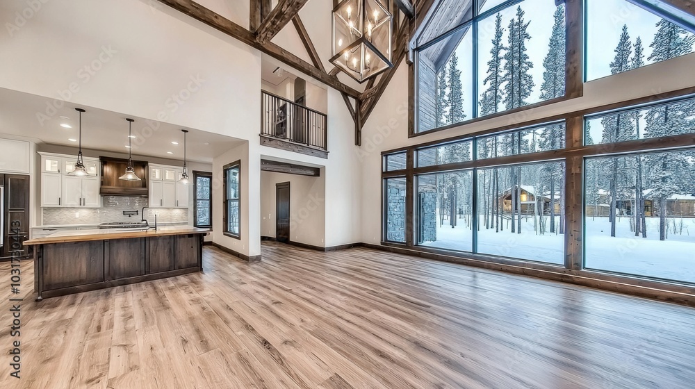 Spacious Luxury Winter Home Interior with Scenic Mountain and Forest View Spacious Luxury Winter Home Interior with Scenic Mountain and Forest View