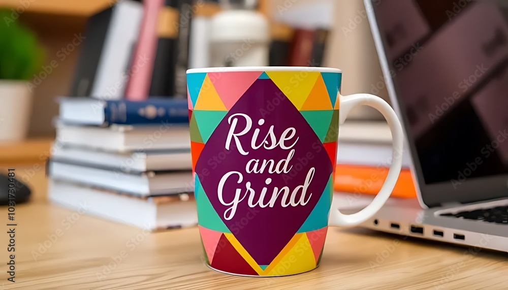 Rise and Grind Coffee Mug on Desk with Laptop Rise and Grind Coffee Mug on Desk with Laptop