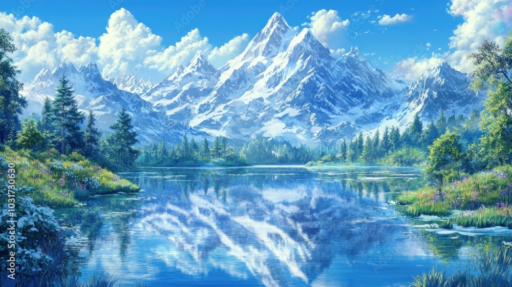 Serene Mountain Lake with Snow-Capped Peaks and Lush Foliage Serene Mountain Lake with Snow-Capped Peaks and Lush Foliage