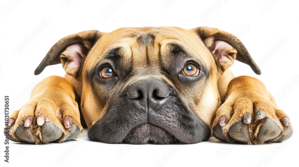 A close-up of a relaxed dog resting its head on its paws, with expressive eyes. A close-up of a relaxed dog resting its head on its paws, with expressive eyes.