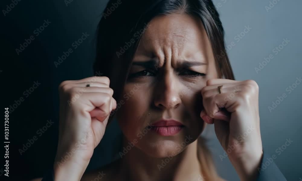 Close up of a woman with a worried expression. Her brows are furrowed and her mouth is slightly open. Close up of a woman with a worried expression. Her brows are furrowed and her mouth is slightly open.