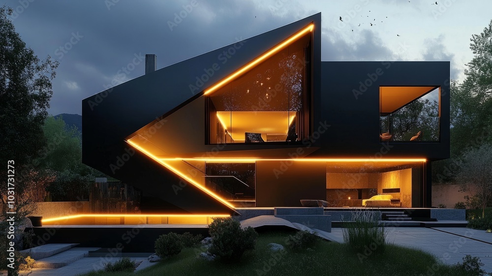 Modern home with sharp geometric features, glowing in the dark with accent LED lights integrated into the facade.