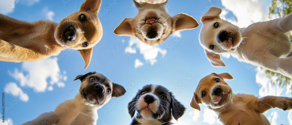 Obraz premium cute mix of different breeds of cute puppies dog with expressive faces looking down in a circular formation against a background of bright blue sky and fluffy clouds