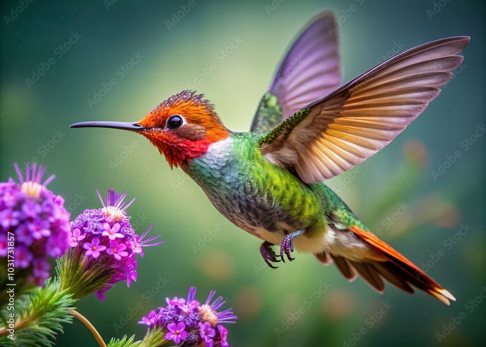 Tufted Coquette Hummingbird Pollinating Purple Flowers in Serene Gray Background Tufted Coquette Hummingbird Pollinating Purple Flowers in Serene Gray Background