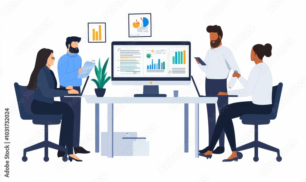 Four people analyzing data in a meeting. Four people analyzing data in a meeting.