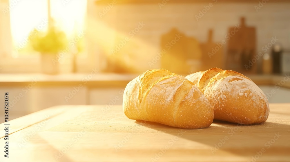 Freshly baked bread on a kitchen counter, the scent filling the air Freshly baked bread on a kitchen counter, the scent filling the air