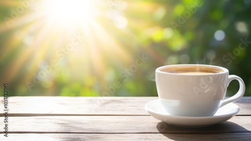 Freshly brewed coffee on a terrace with sunlight filtering through trees