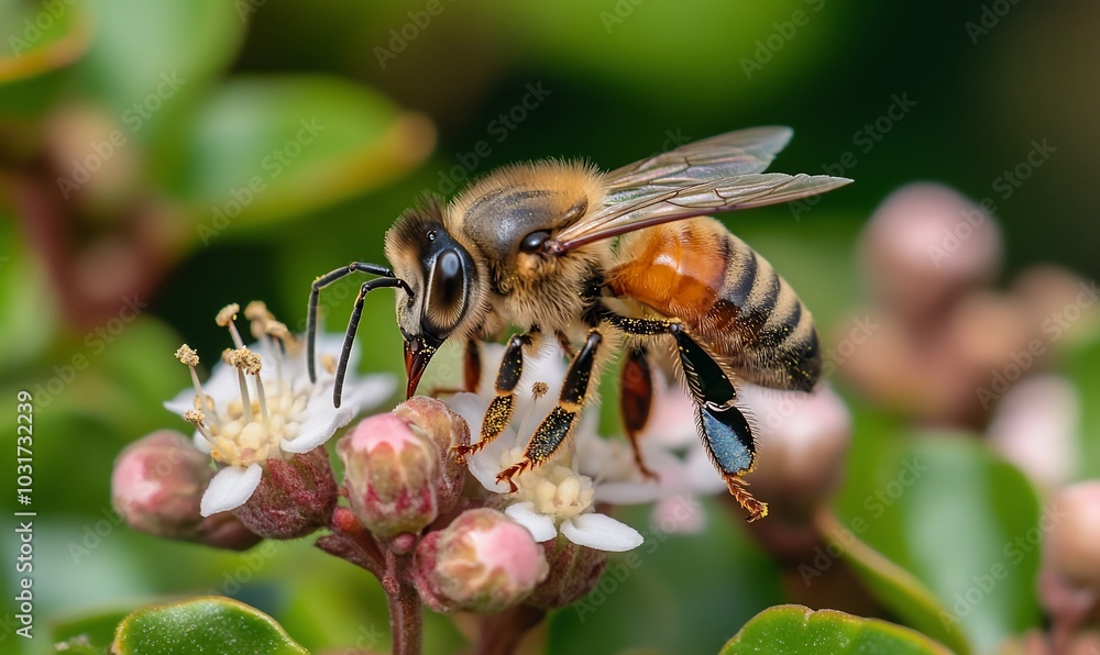 A close-up of a bee collecting nectar from flowers. A close-up of a bee collecting nectar from flowers.