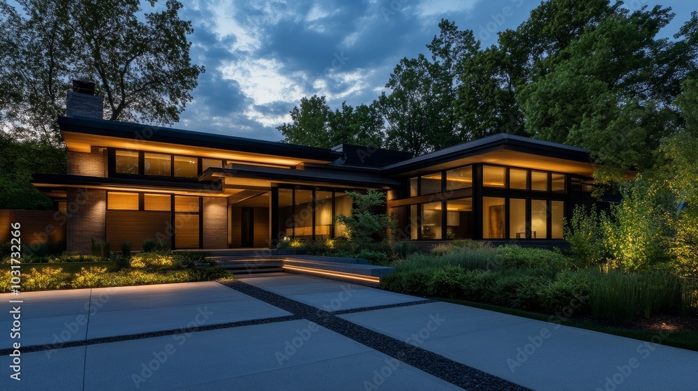 Suburban home with angular architecture, highlighted by concealed LED lighting that casts a dramatic glow at night. Suburban home with angular architecture, highlighted by concealed LED lighting that casts a dramatic glow at night.