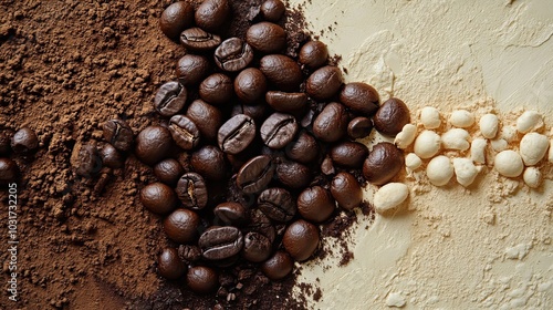 Coffee Beans, Powder, and Cream on a Textured Surface photo