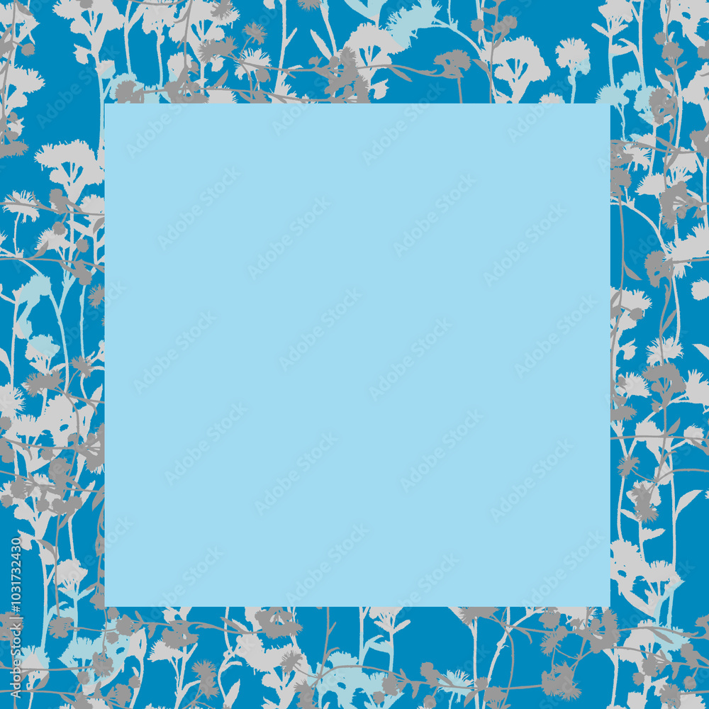 Blue frame with white and grey flowers. Botanical paper note template. Blue frame with white and grey flowers. Botanical paper note template.