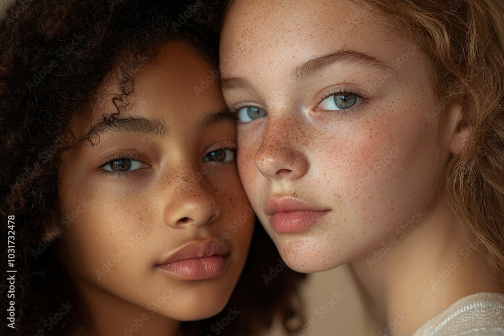 A close-up portrait of two young girls from different cultural backgrounds, standing close together in a moment of tender friendship. Symbolizing unity, diversity, and the beauty of human connection. A close-up portrait of two young girls from different cultural backgrounds, standing close together in a moment of tender friendship. Symbolizing unity, diversity, and the beauty of human connection.