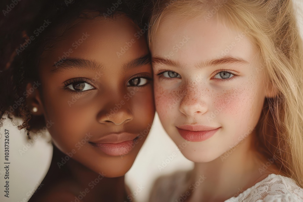 A close-up portrait of two young girls from different cultural backgrounds, standing close together in a moment of tender friendship. Symbolizing unity, diversity, and the beauty of human connection. A close-up portrait of two young girls from different cultural backgrounds, standing close together in a moment of tender friendship. Symbolizing unity, diversity, and the beauty of human connection.