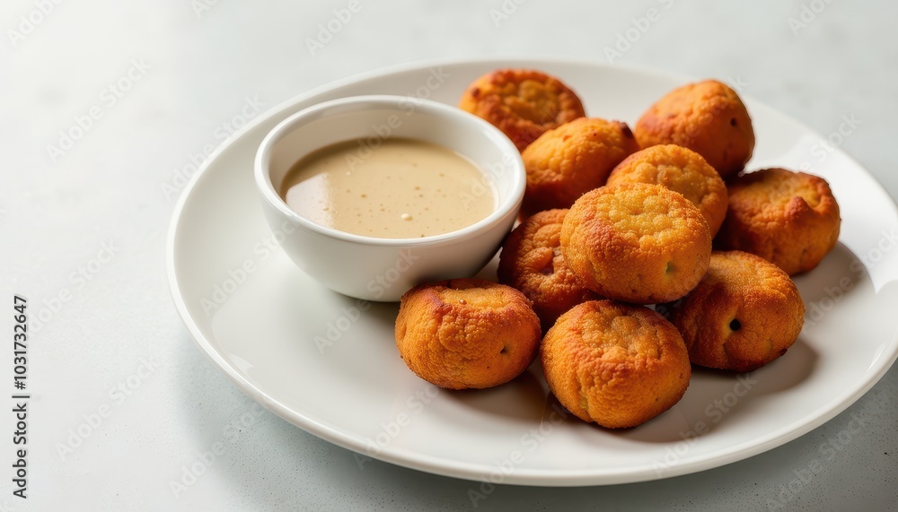 Isolated plate of crispy vegetable pakoras served with dipping sauce on a light sage background. Isolated plate of crispy vegetable pakoras served with dipping sauce on a light sage background.