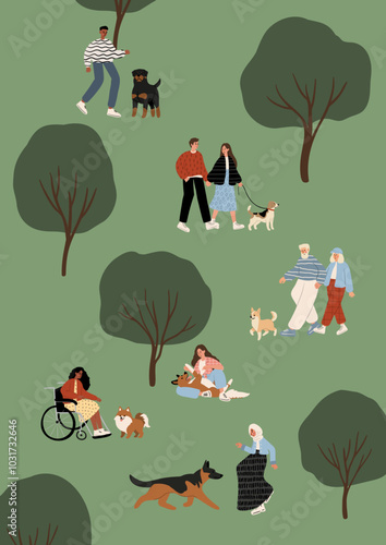 illustration features a diverse park scene with people of different ages, ethnicities, and abilities enjoying outdoor activities with their dogs. The flat vector style