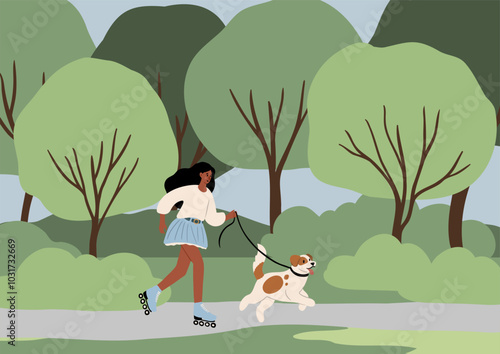 Flat vector illustration of a park scene. The illustration shows a woman rollerblading on a path and holding a leash attached to a running dog, with trees in the background.