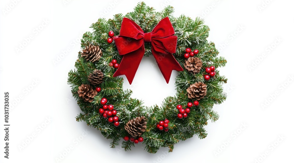 A Christmas wreath made of green fir branches, decorated with red berries, pine cones, and a big red bow, laid flat on a white background. A Christmas wreath made of green fir branches, decorated with red berries, pine cones, and a big red bow, laid flat on a white background.