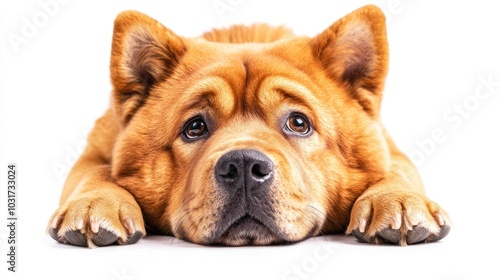 A close-up of a sad-looking dog resting its head on the ground.