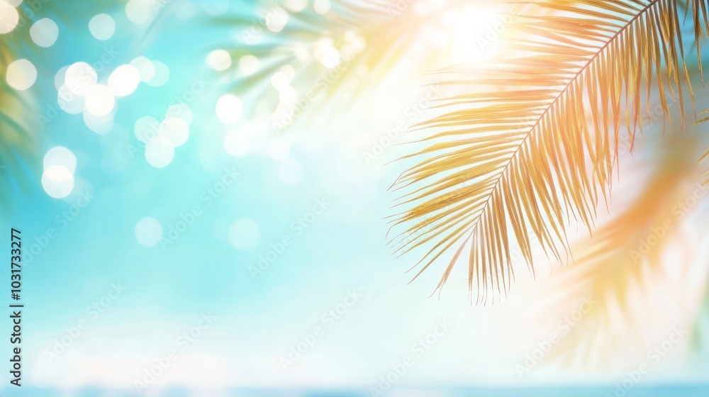 Fototapeta premium A serene tropical scene featuring palm leaves against a bright, blurred background.