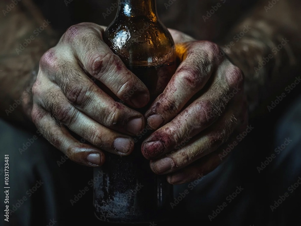 A close-up of bruised hands gripping a bottle tightly, symbolizing the harsh reality of alcohol abuse and its destructive consequences A close-up of bruised hands gripping a bottle tightly, symbolizing the harsh reality of alcohol abuse and its destructive consequences