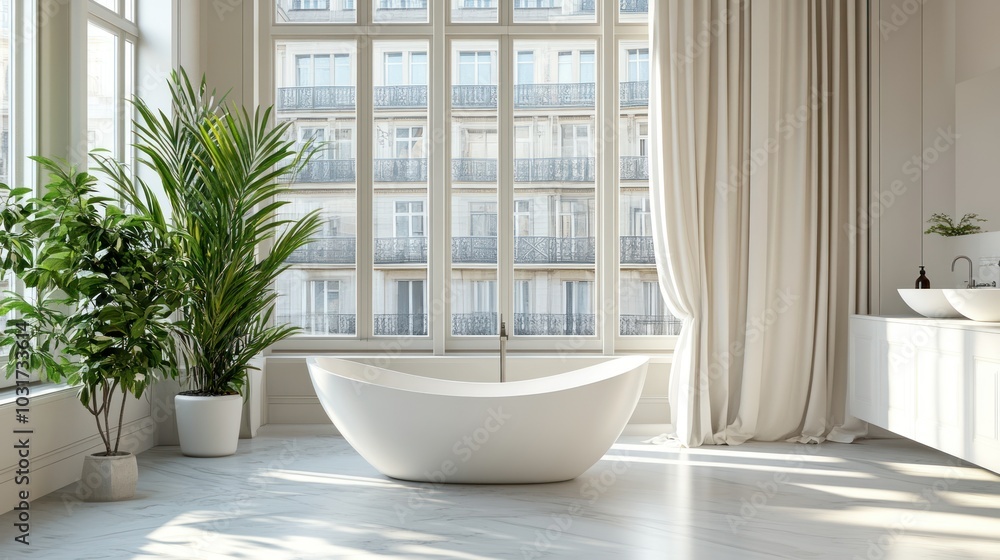 A Modern Bathroom with a Freestanding Tub, White Walls, and Windows Overlooking a Cityscape A Modern Bathroom with a Freestanding Tub, White Walls, and Windows Overlooking a Cityscape