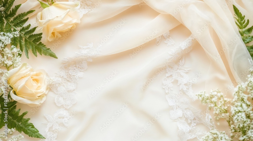 Delicate fabric adorned with roses and greenery, perfect for a wedding or special occasion. Delicate fabric adorned with roses and greenery, perfect for a wedding or special occasion.