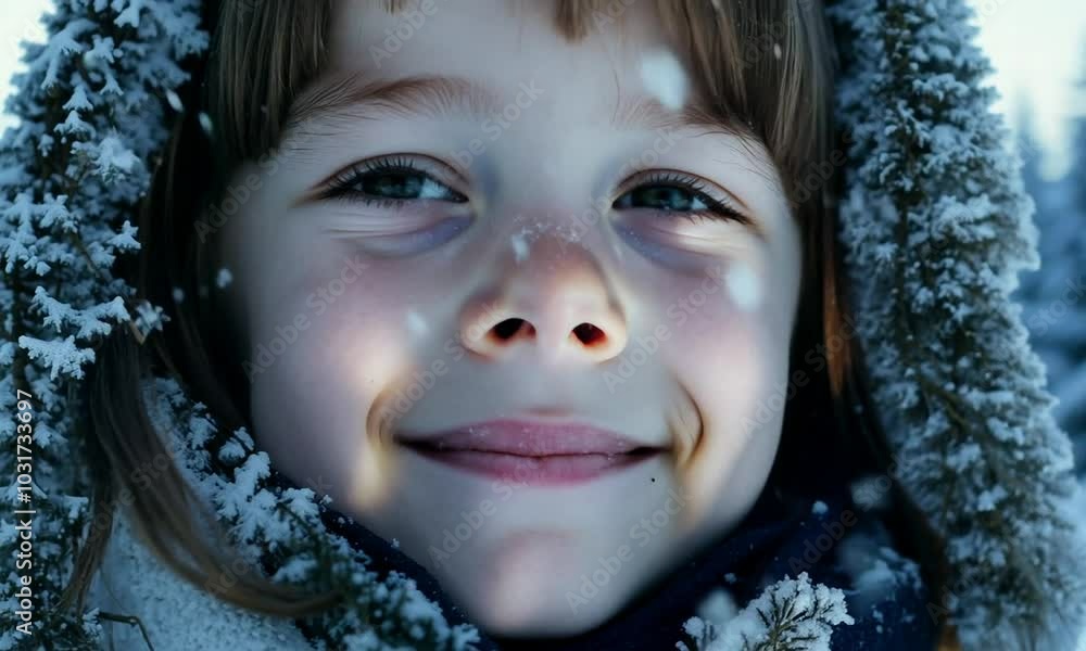 Close up of a happy young girl smiling, framed by snowy pine branches and snowflakes. Close up of a happy young girl smiling, framed by snowy pine branches and snowflakes.