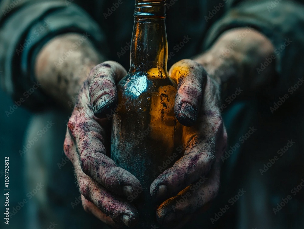 A close-up of bruised hands gripping a bottle tightly, symbolizing the harsh reality of alcohol abuse and its destructive consequences A close-up of bruised hands gripping a bottle tightly, symbolizing the harsh reality of alcohol abuse and its destructive consequences